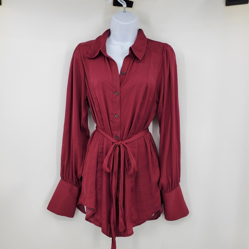 Free People Burgundy Tie Waist Tunic Top Long Sleeve Wide Cuff Small Boho Office